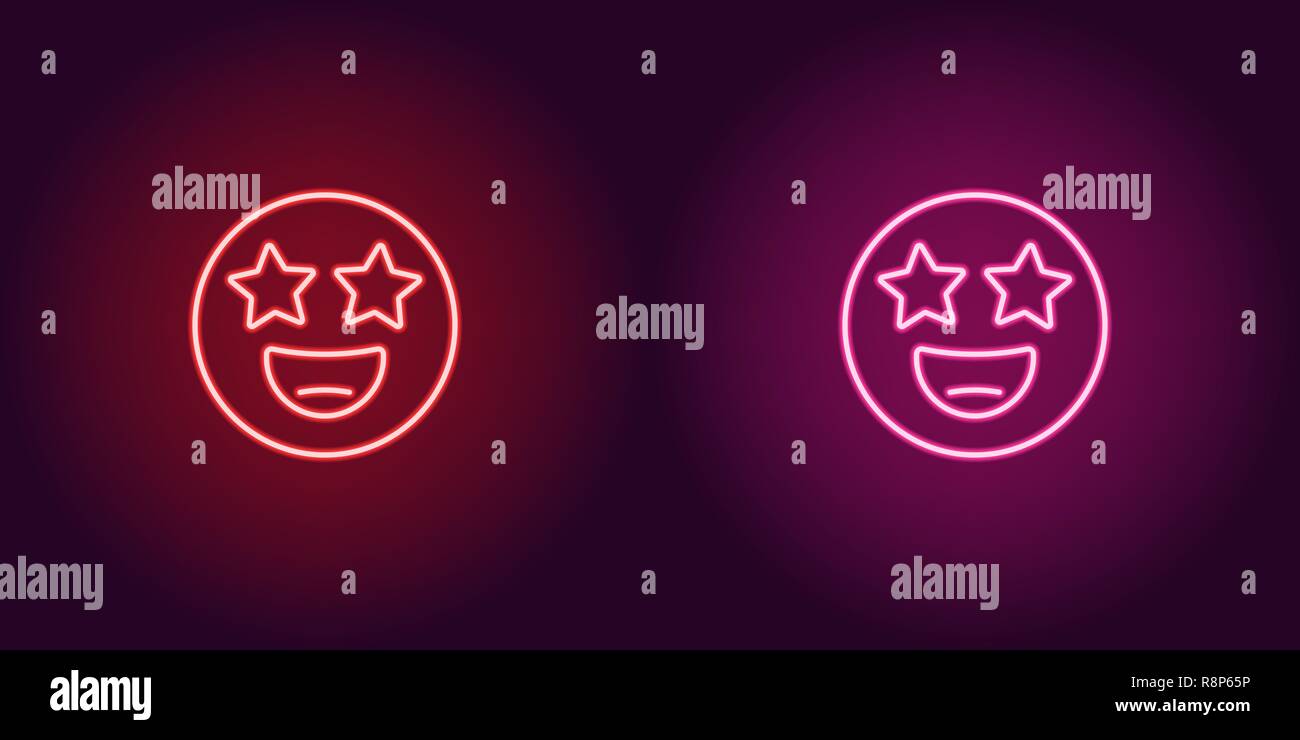 Neon Abbildung: star Struck emoji. Vektor Icon von Cartoon lächelnd Emoji mit star Augen im Umriss neon Style, rot und rosa Farben. Glühende emotic Stock Vektor