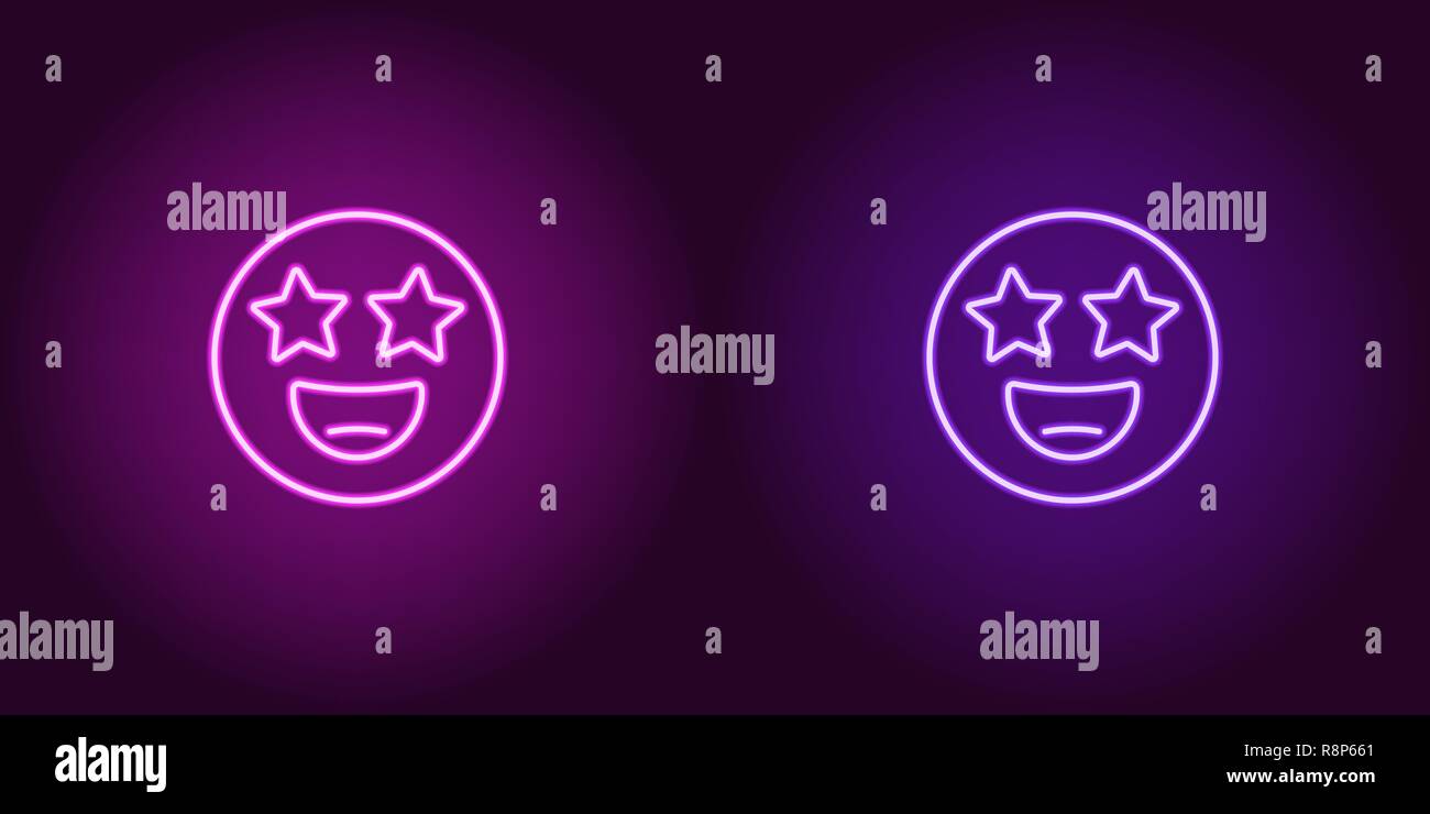Neon Abbildung: star Struck emoji. Vektor Icon von Cartoon lächelnd Emoji mit star Augen im Umriss neon Style, Lila und violetten Farben. Glühende e Stock Vektor