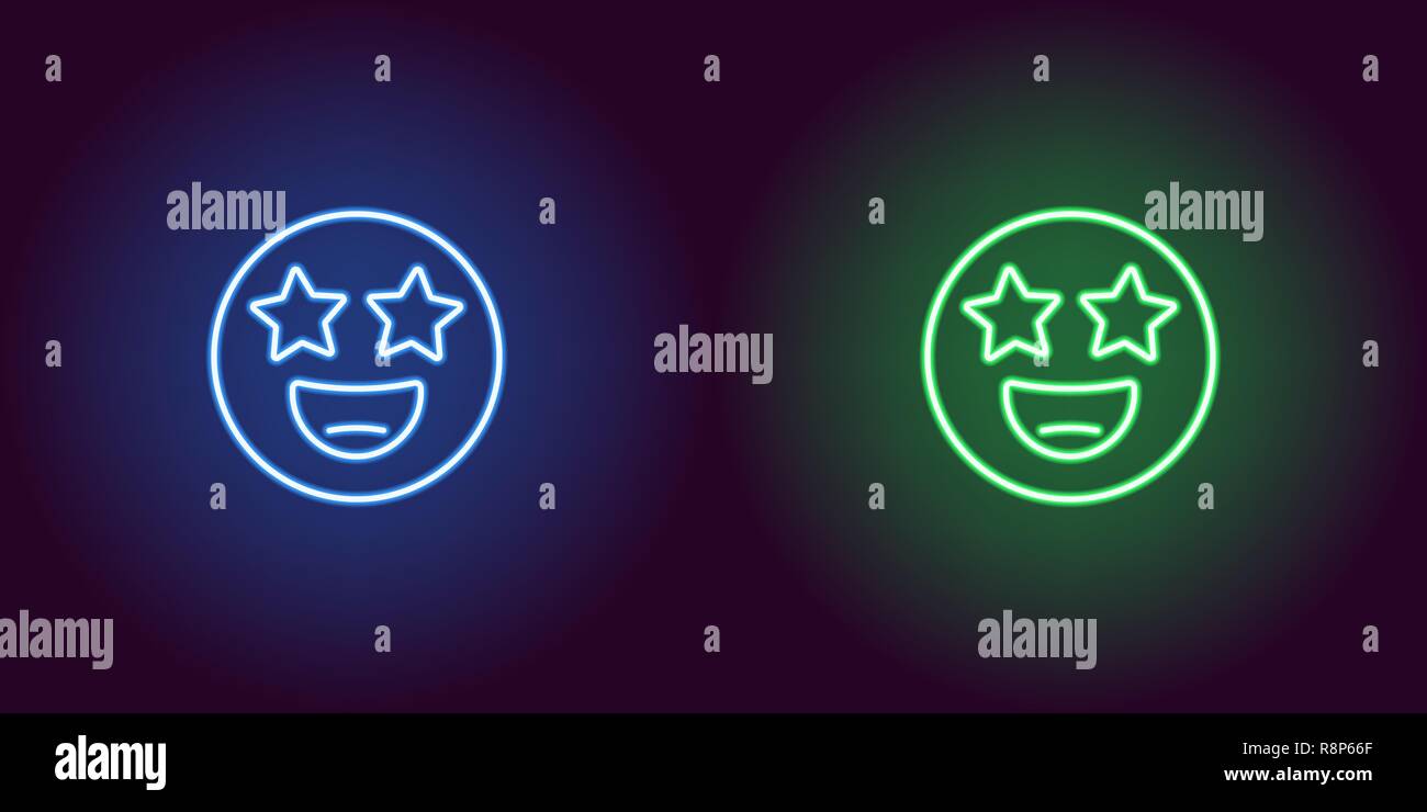 Neon Abbildung: star Struck emoji. Vektor Icon von Cartoon lächelnd Emoji mit star Augen im Umriss neon Style, blauen und grünen Farben. Glühende emot Stock Vektor