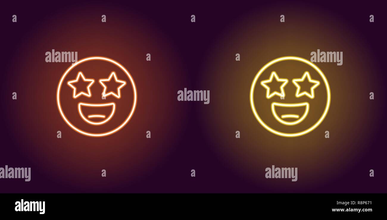 Neon Abbildung: star Struck emoji. Vektor Icon von Cartoon lächelnd Emoji mit star Augen im Umriss neon Style, orangen und gelben Farben. Glühende e Stock Vektor