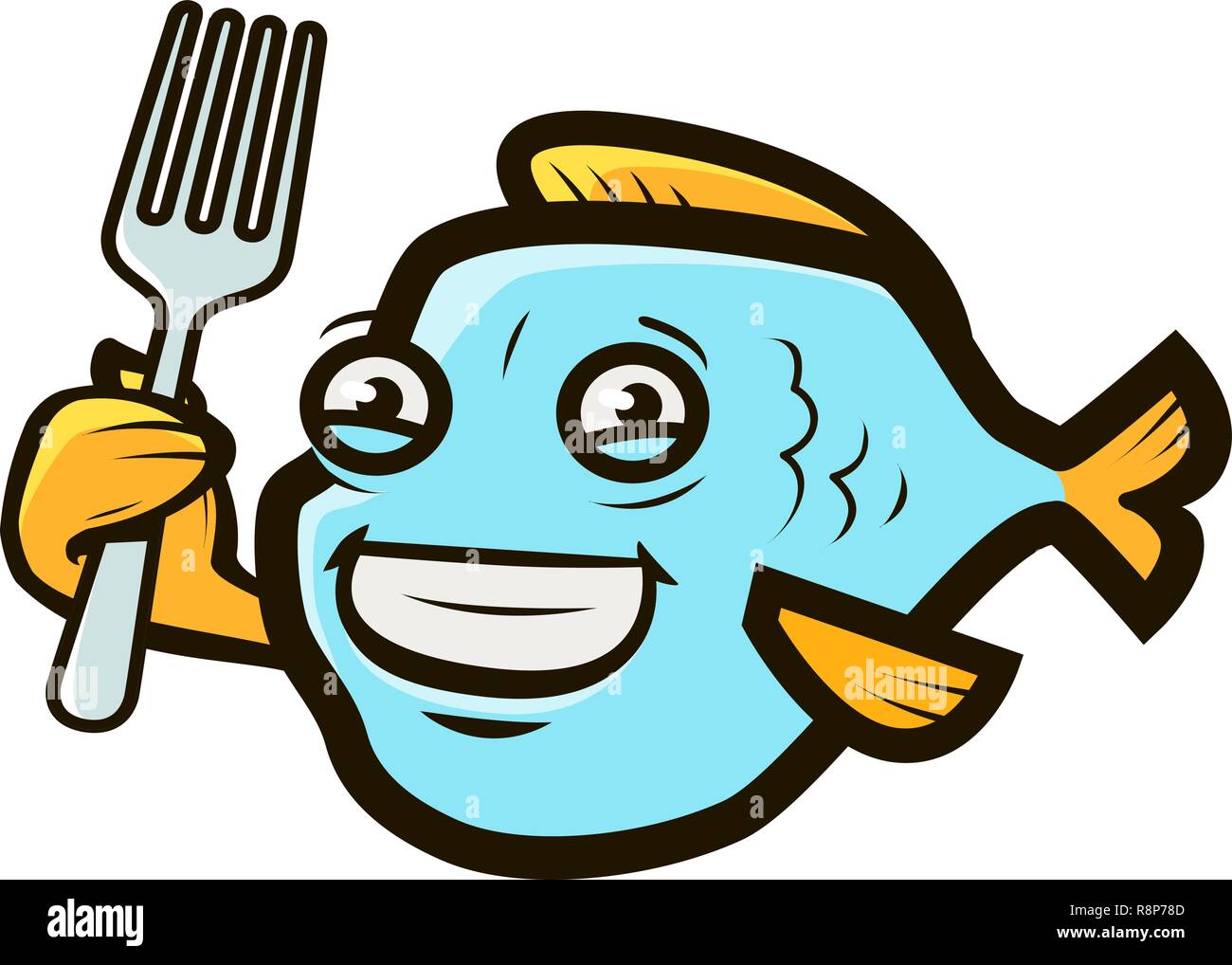 Lustige Fisch holding Gabel. Meeresfrüchte Logo oder Label. Cartoon Vector Illustration Stock Vektor
