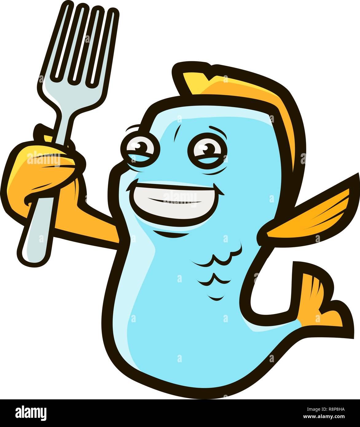 Lustige Fisch holding Gabel. Meeresfrüchte logo, Label. Cartoon Vector Illustration Stock Vektor