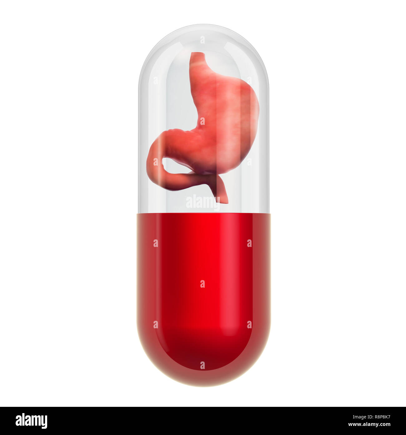Behandlungen und Medikamente für Magen Krankheit Konzept, 3D-Rendering auf weißem Hintergrund Stockfoto