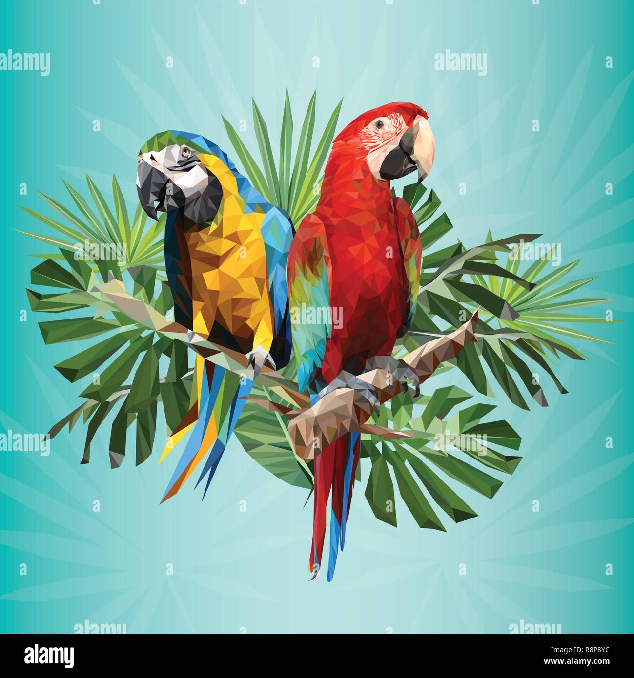 Abbildung polygonalen Zeichnung von Grün und Blau und Gold macaw Vögel mit tropischen Blatt. Stock Vektor