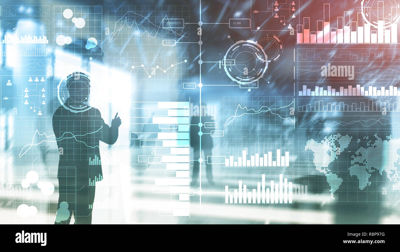 Business Intelligence. Diagramm, Grafik, Stock Trading, Investment Dashboard, transparente verschwommenen Hintergrund. Stockfoto