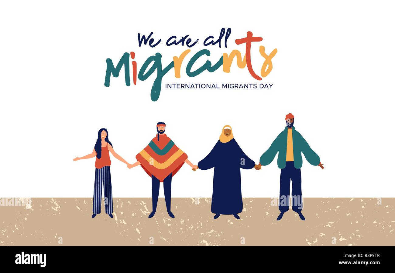 Internationale Migranten Hintergrund Illustration, unterschiedliche Menschen aus unterschiedlichen Kulturen zusammen für globla Migration oder flüchtling Hilfe Konzept Stock Vektor
