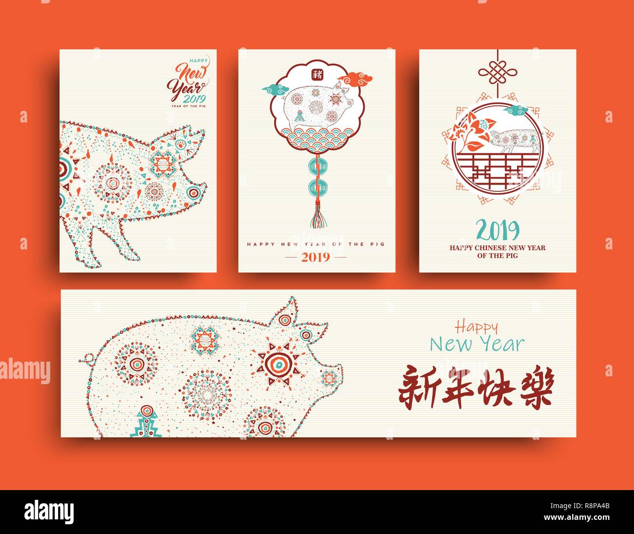 Chinesisches Neues Jahr 2019 Grußkarten-Kollektion. Boho style Abbildung: hog mit Tribal Symbole. Mit Kalligraphie, Schwein bedeutet, Jahreszeiten Grüße Stock Vektor