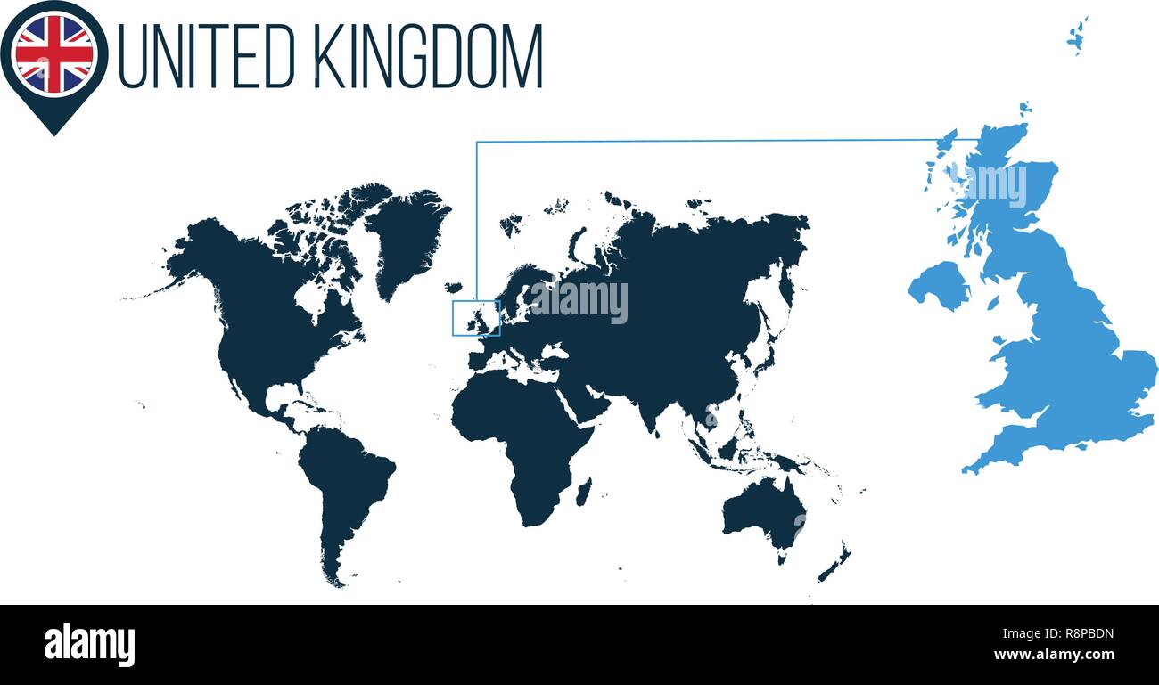 United Kingdon Lage moderne Vektorkarte für Infografiken. Alle Länder der Welt ohne Namen. runde Markierung in der Karte, PIN oder Marker. Vektor illustratio Stock Vektor