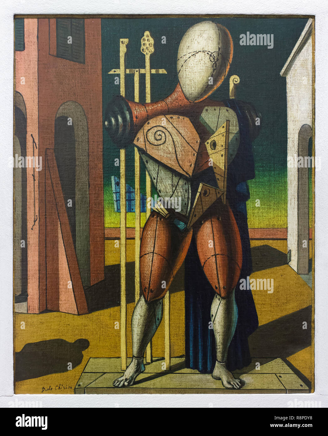 Gemälde "Troubadour" von Italienischen modernistischen Maler Giorgio De Chirico (1950) in der Internationalen Galerie für Moderne Kunst (Galleria Internazionale d'Arte Moderna) im Ca' Pesaro (Pesaro Palace) in Venedig, Italien. Stockfoto