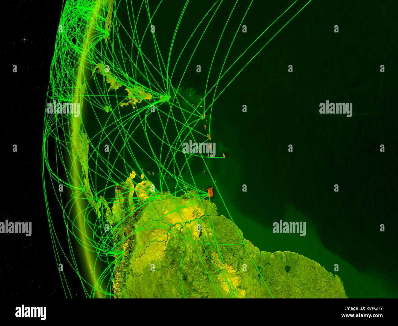 Karibik von Speicherplatz auf digitale Modell der Erde mit internationalen Netzwerken. Konzept der digitalen Kommunikation oder Reisen. 3D-Darstellung. Elemente der t Stockfoto