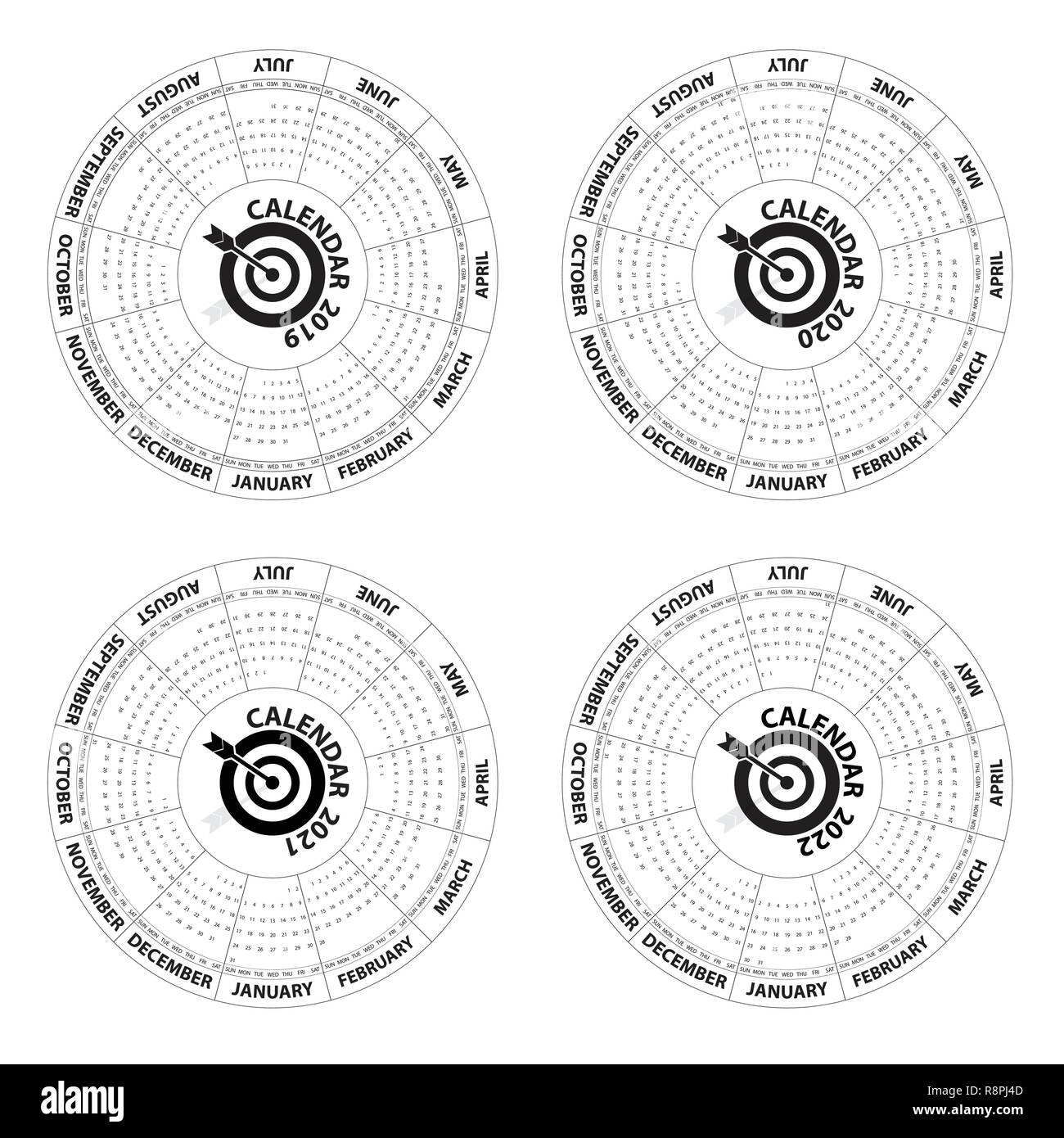 Kalender 2019, 2020, 2021 und 2022 Vorlage Kalender. Kalender Design. Kalender vektor design Briefpapier Vorlage. Vector Illustration. Stock Vektor