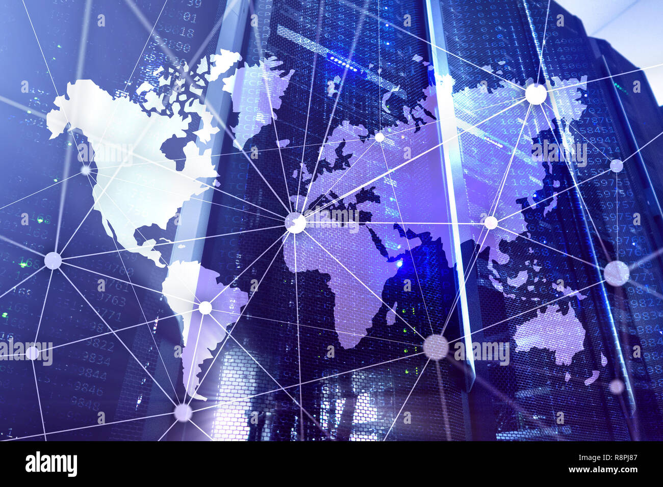 Weltkarte mit Kommunikation Netzwerk auf dem Server zimmer Hintergrund. Stockfoto
