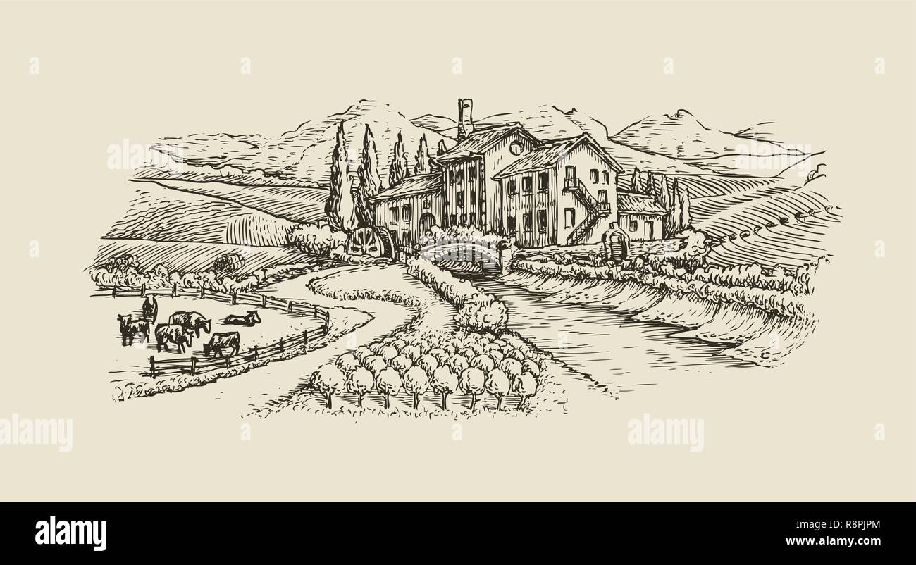 Bauernhof Landschaft, Dorf Skizze. Landwirtschaft, Hand gezeichnet vintage Vector Illustration Stock Vektor