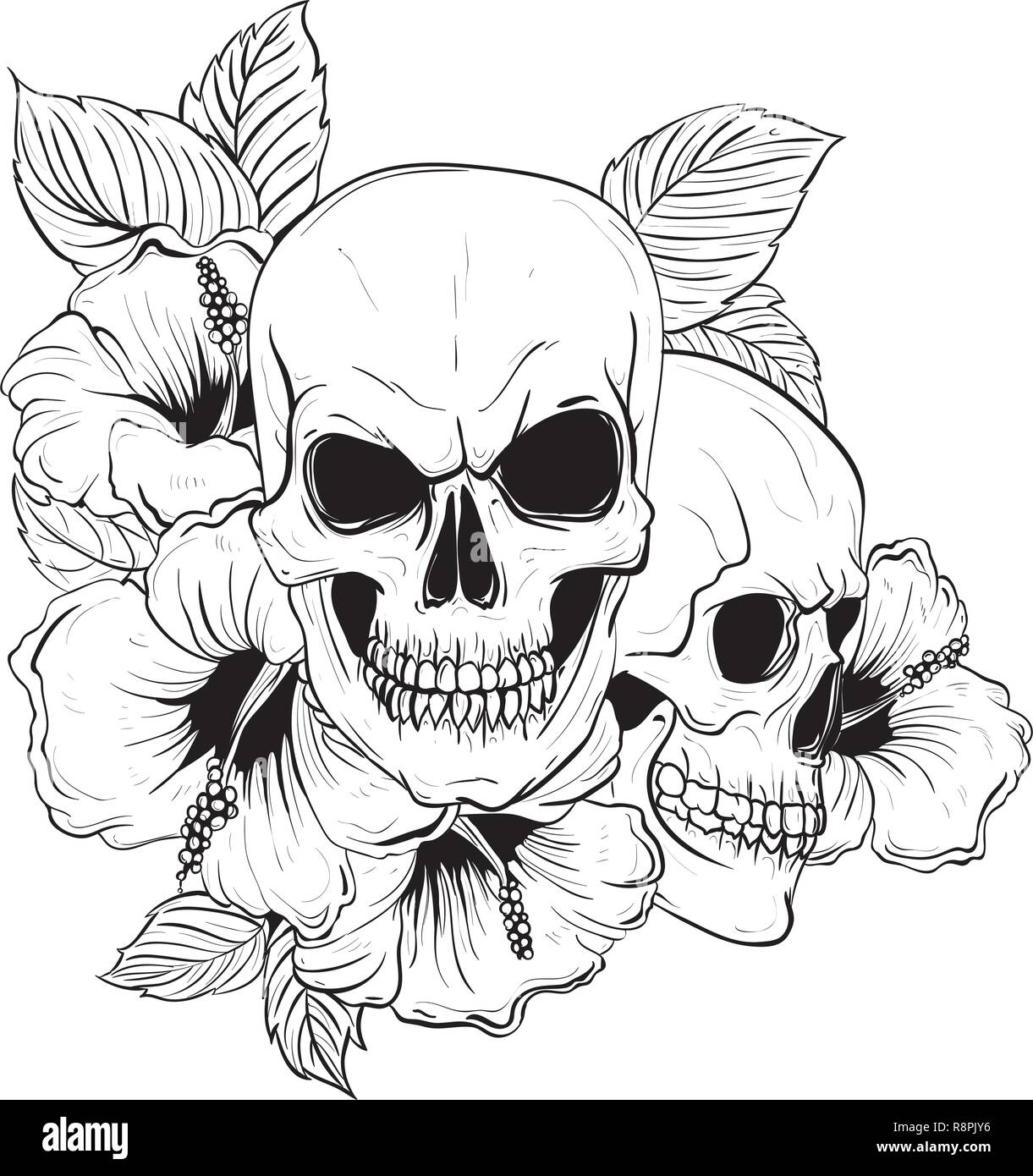 Tattoo Anatomie vintage floral Schädel Abbildung. Florale Skelett. Vector Illustration Stock Vektor