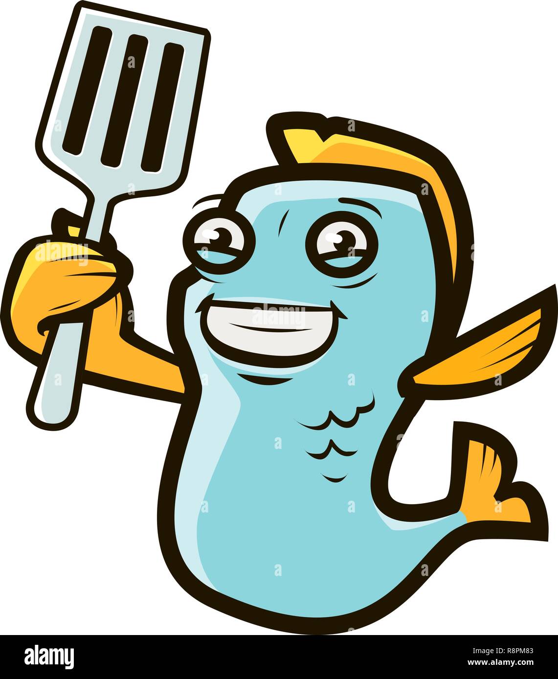 Lustige Fisch holding Spachtel. Meeresfrüchte, Kochen, Essen. Cartoon Vector Illustration Stock Vektor