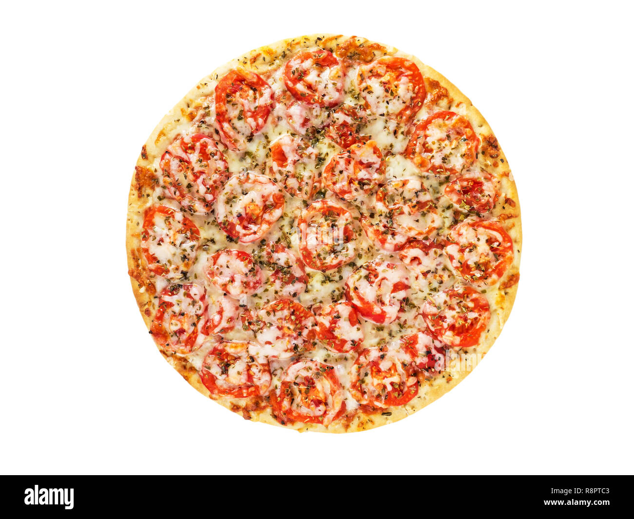 Pizza Margherita oder Margarita mit Mozzarella, Tomaten und Basilikum auf der dünnen Teig Draufsicht isoliert auf weißem Stockfoto