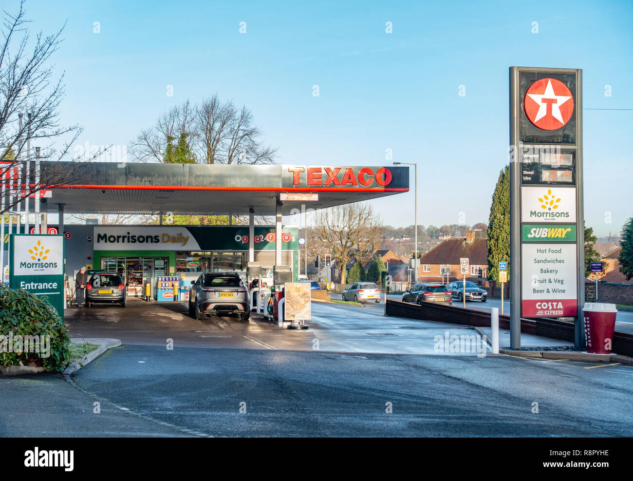Clayton Service Station Newcastle-under-Lyme eine Morrisons und Texaco Tankstelle Stockfoto