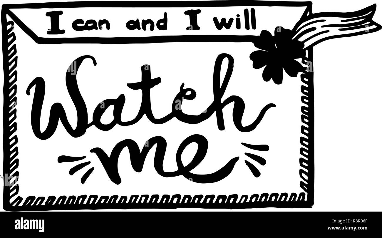 Ich kann und Ich werde Mich sehen Handschrift Monogramm Kalligraphie. Phrase Grafik Desing. Schwarz und weiß eingraviert Tinte Art. Stock Vektor