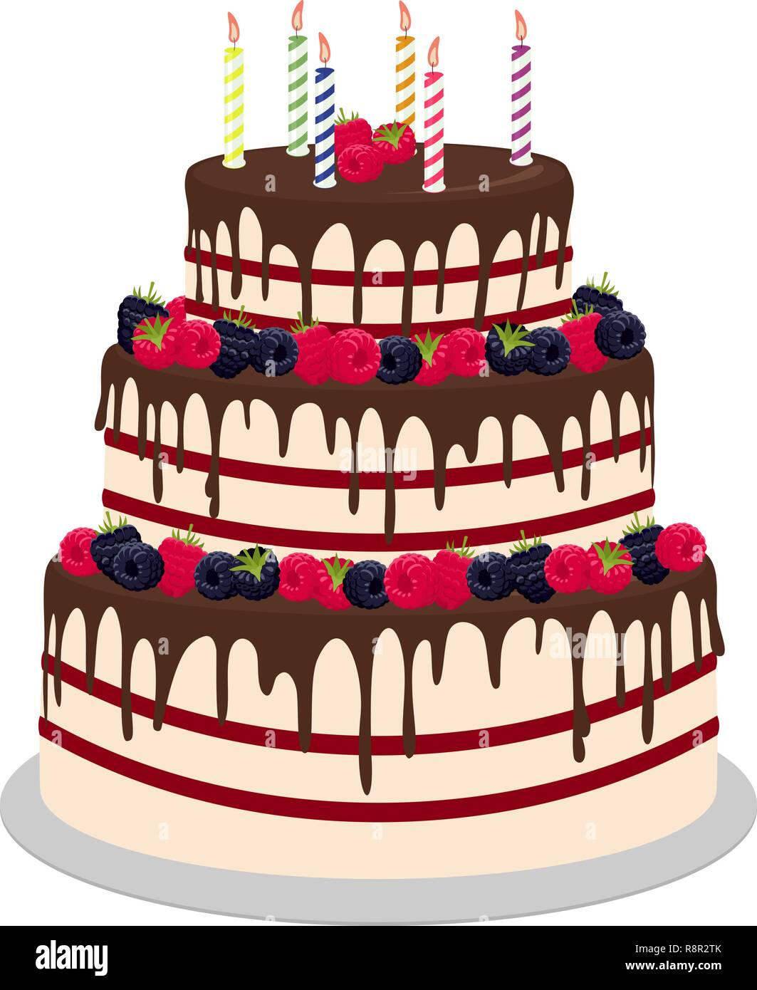 Dreistufige Hochzeit oder Geburtstag Kuchen in Schokolade, mit paspberries und Heidelbeeren auf weißem Hintergrund eingerichtet. Vector Illustration für ein Menü oder ein süsswaren Katalog Stock Vektor