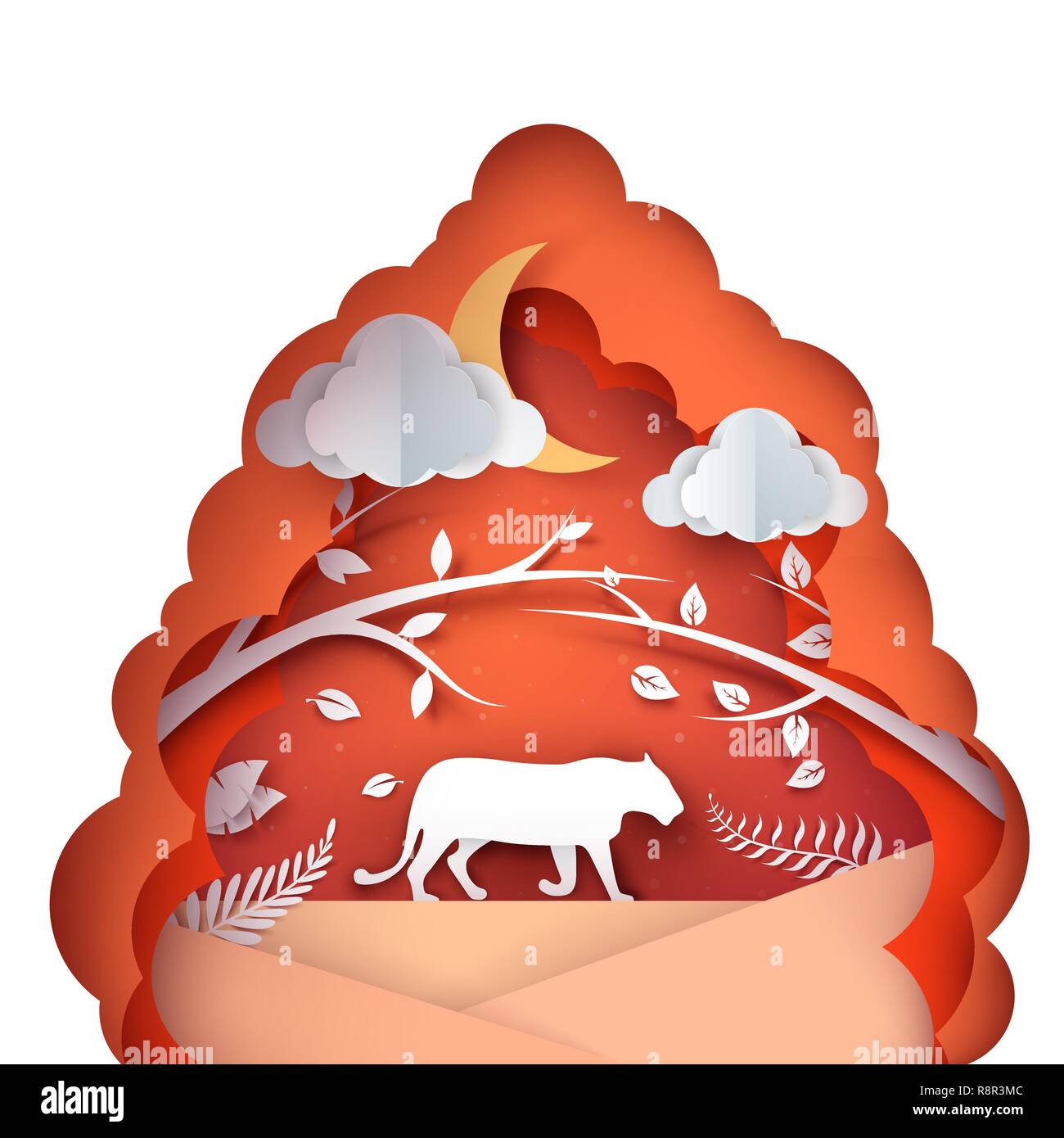 Cartoon Papier Landschaft. Tiger Abbildung. Stock Vektor