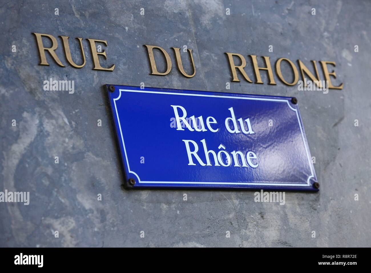 Schweiz, Geneva, Rue du Rhône Stockfoto