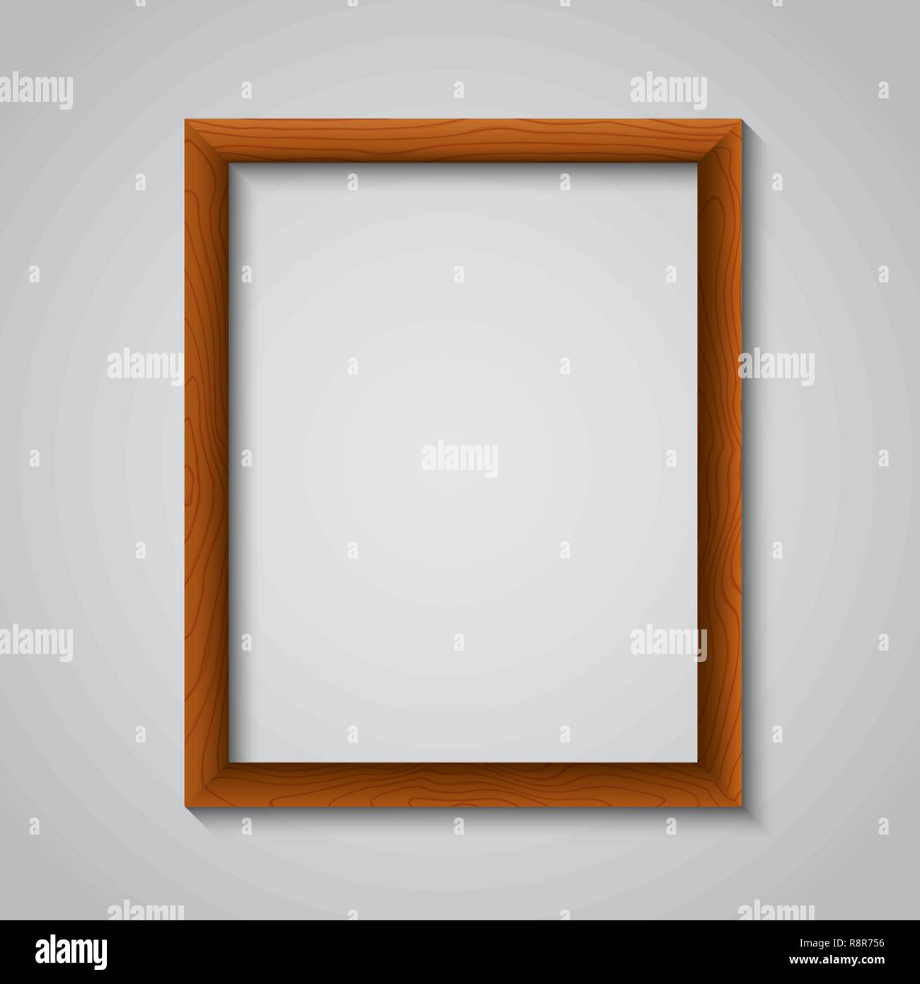 Holz- photoframe vor dem Hintergrund einer grauen Wand mit einem realistischen Schatten. Ein leerer Platz für den Text ist, eine Fahne, eine Vorlage. Vector Illustration Stock Vektor