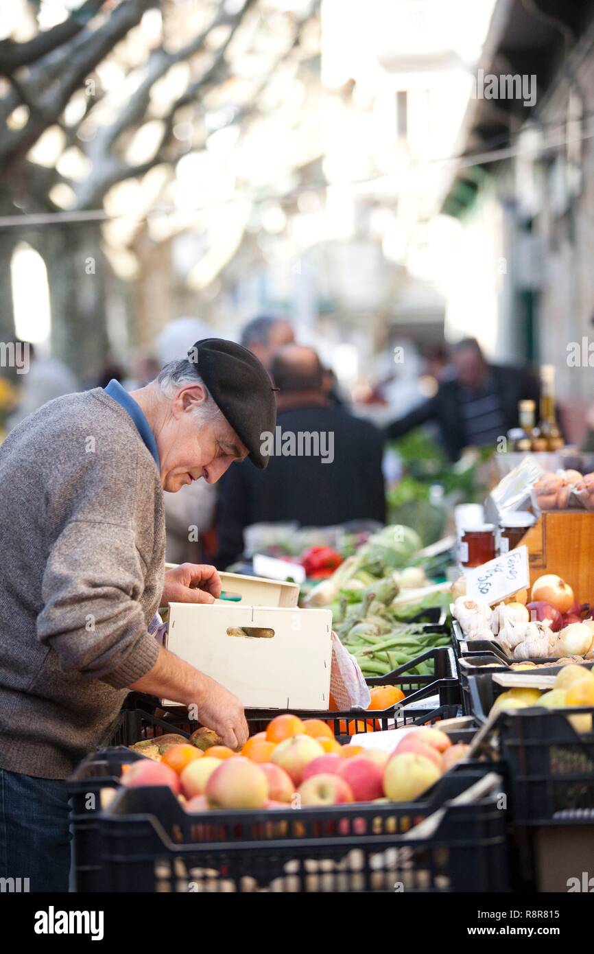 Frankreich, Pyrenäen, Atlantique, Baskenlandes, Baskisch maraicher, trägt eine Baskenmütze, vor seinem Stall Stockfoto