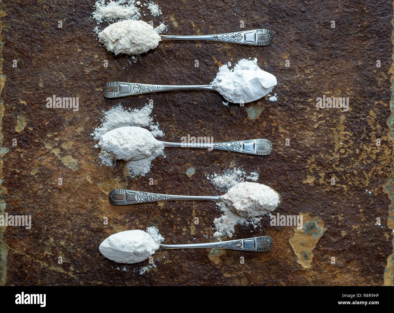 Fünf Esslöffel verschiedene Mehle. Von oben: Hafer, Reismehl, Roggenmehl, vollkornmehls, glattes Mehl. Stockfoto