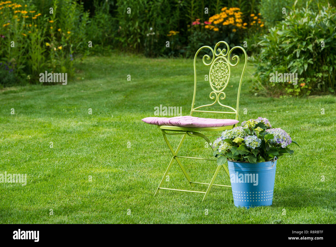 Blaue Hortensie Blumen in einem alten Emaille Schaufel in einem Garten Stockfoto