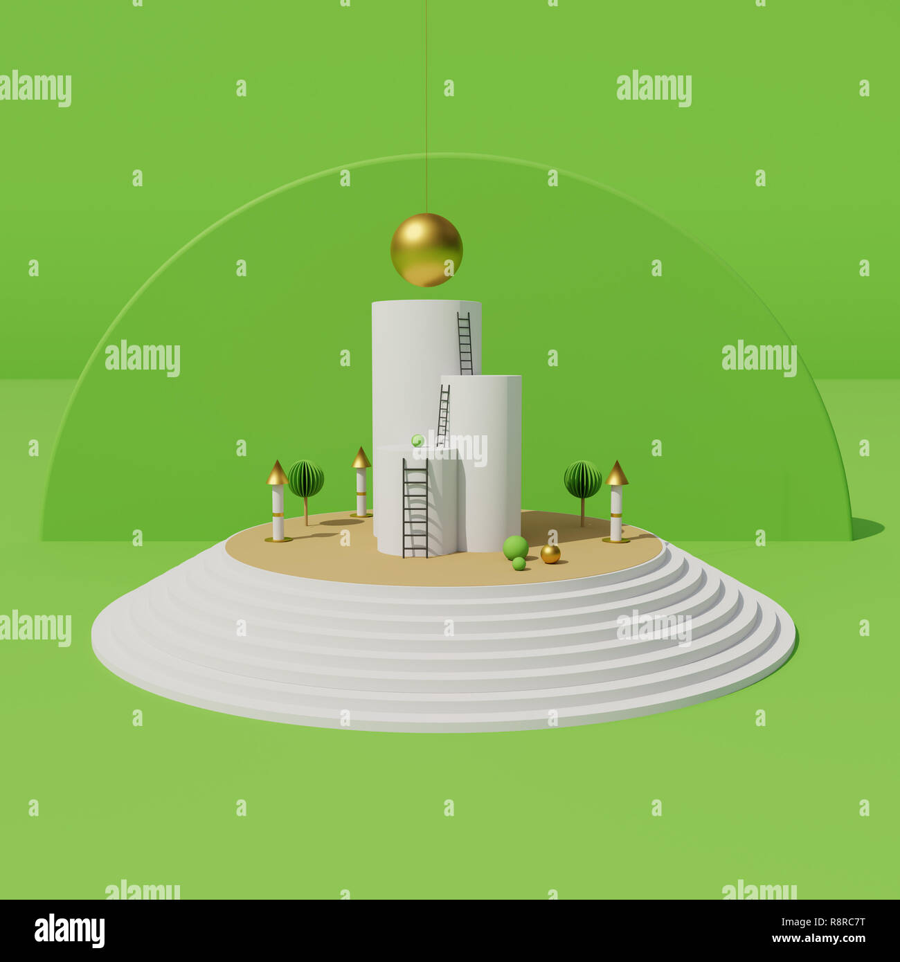 Karriereleiter Konzept in Grün und Gold. Klettern ein Ziel zu erreichen. Symbol für Erfolg. 3D-Rendering Stockfoto