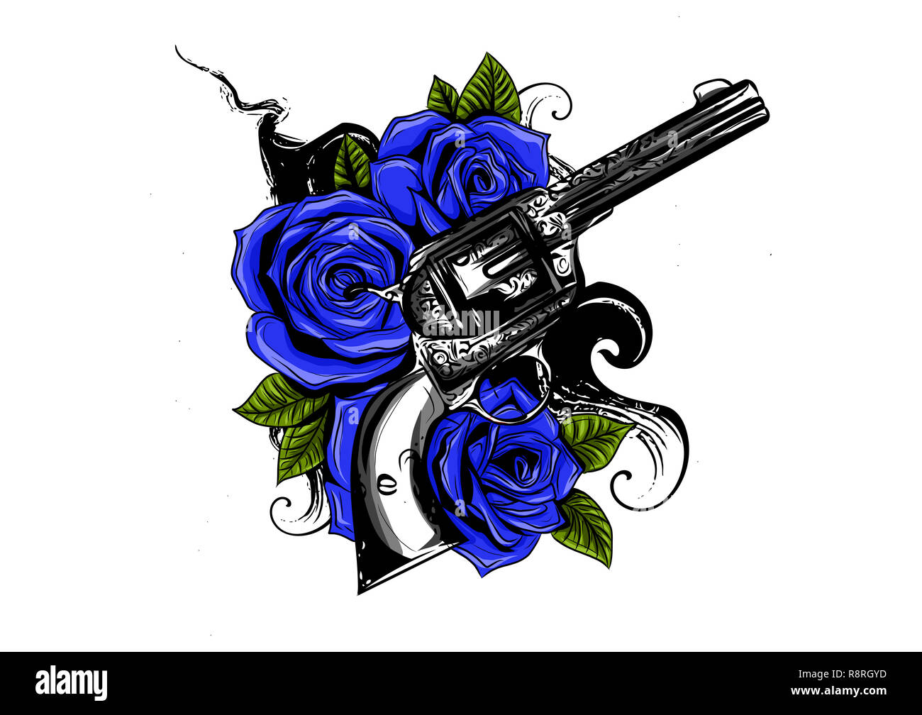 Paar gekreuzten Gewehren und rosa Blüten in Tattoo Art gezeichnet. Abbildung. Stockfoto