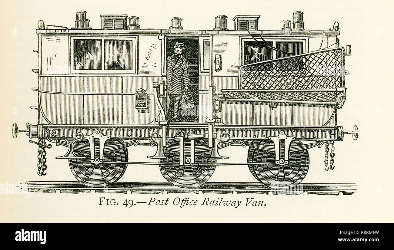 Diese Abbildung stammt aus dem Jahr 1870 und zeigt eine gut gestaltete Reisen Post. In solchen Transporter, die hier vertreten sind während der Reise sortiert, und zu diesem Zweck die Einrichtung ist mit einem Zähler und mit Taube - Löcher von Ende zu Ende. Wenn der Zug Beutel hält, können natürlich auch entfernt werden aus der oder in die Van in der gewöhnlichen Weise empfangen; aber durch einen einfachen Mechanismus Beutel kann an einer Station und andere oben genommen, während der Zug seine Fahrt mit voller Geschwindigkeit weiter geliefert werden. Eine Bar ist von der Seite des Schlittens zu Projekt, und auf diesem die Tasche ist von hoo Hung Stockfoto