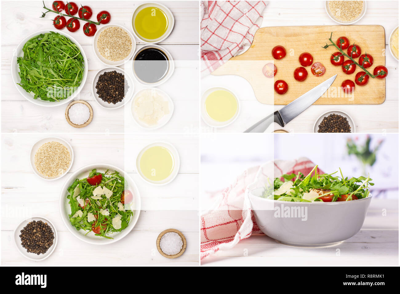 Rezept Schritt für Schritt Rucola Salat Collage auf weißem Holz Stockfoto