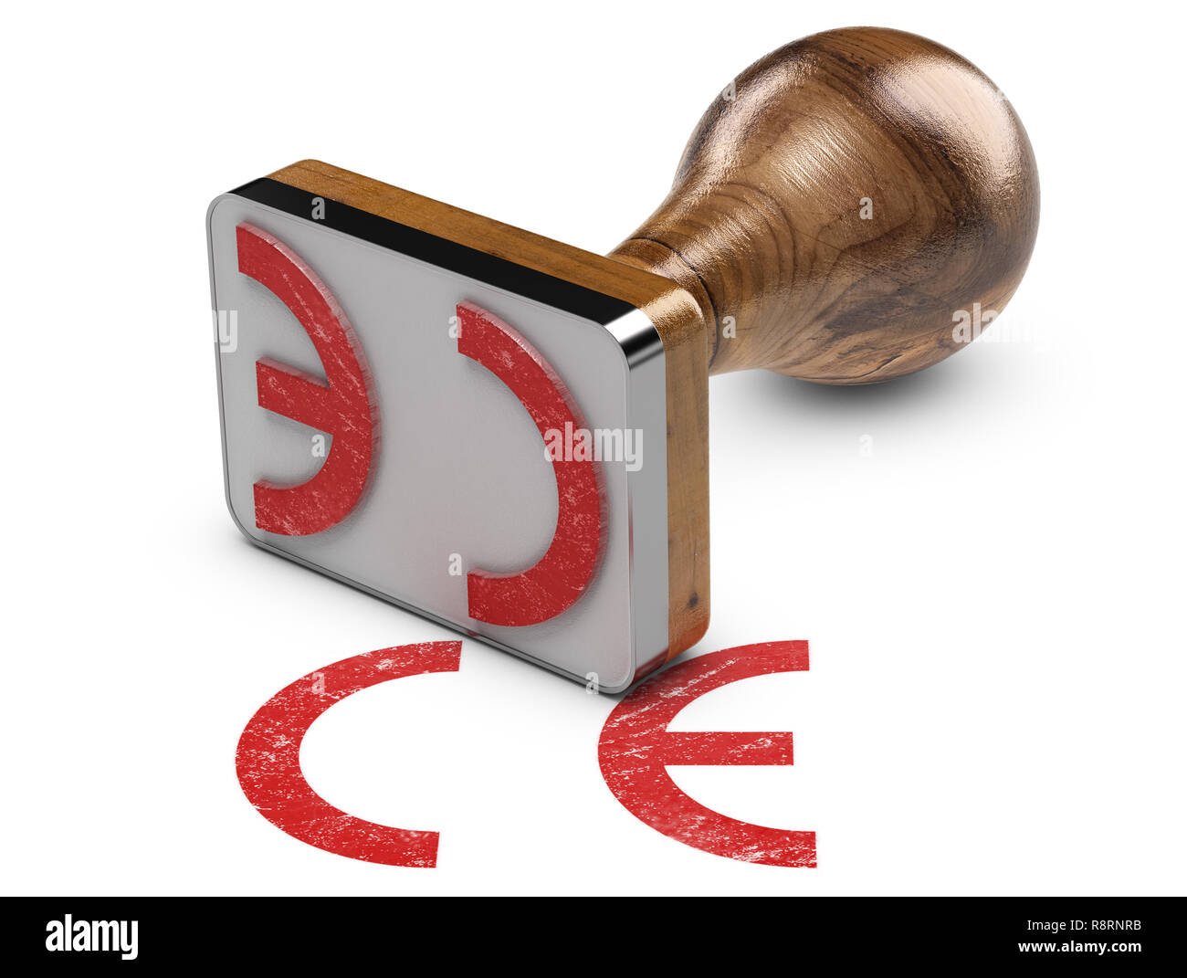 CE-Kennzeichnung auf weißem Hintergrund mit Stempel. 3D-Darstellung. Stockfoto