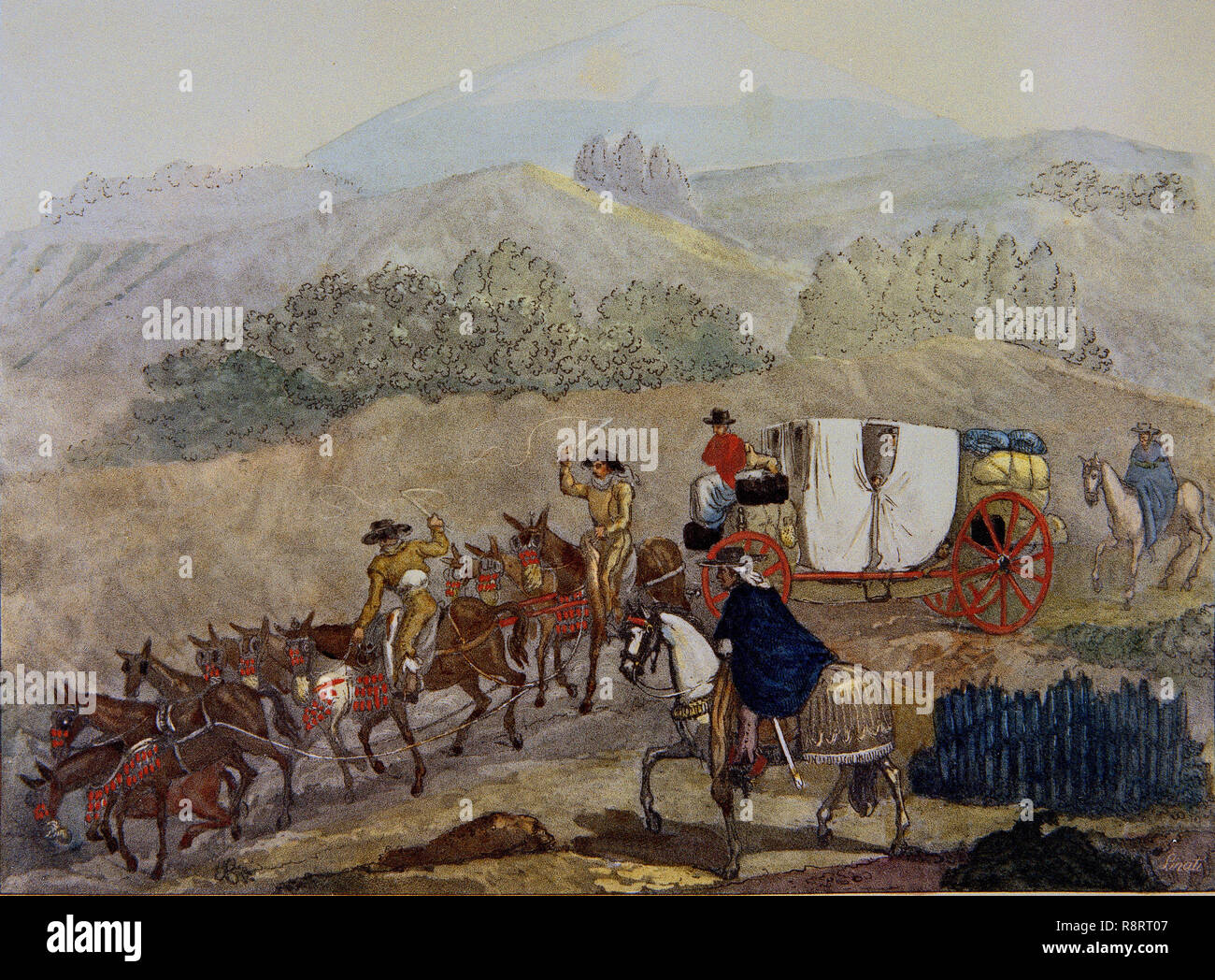 TRAJES CIVILES, MILITARES Y RELIGIOSOS DE MEXIKO - 1828 - COCHE DE COLLERAS DE MEXIKO XALAPA - LITOGRAFIA SIGLO XIX. Autor: LINATI, CLAUDIO. Lage: das Museo DE AMERICA - coleccion. MADRID. Spanien. Stockfoto
