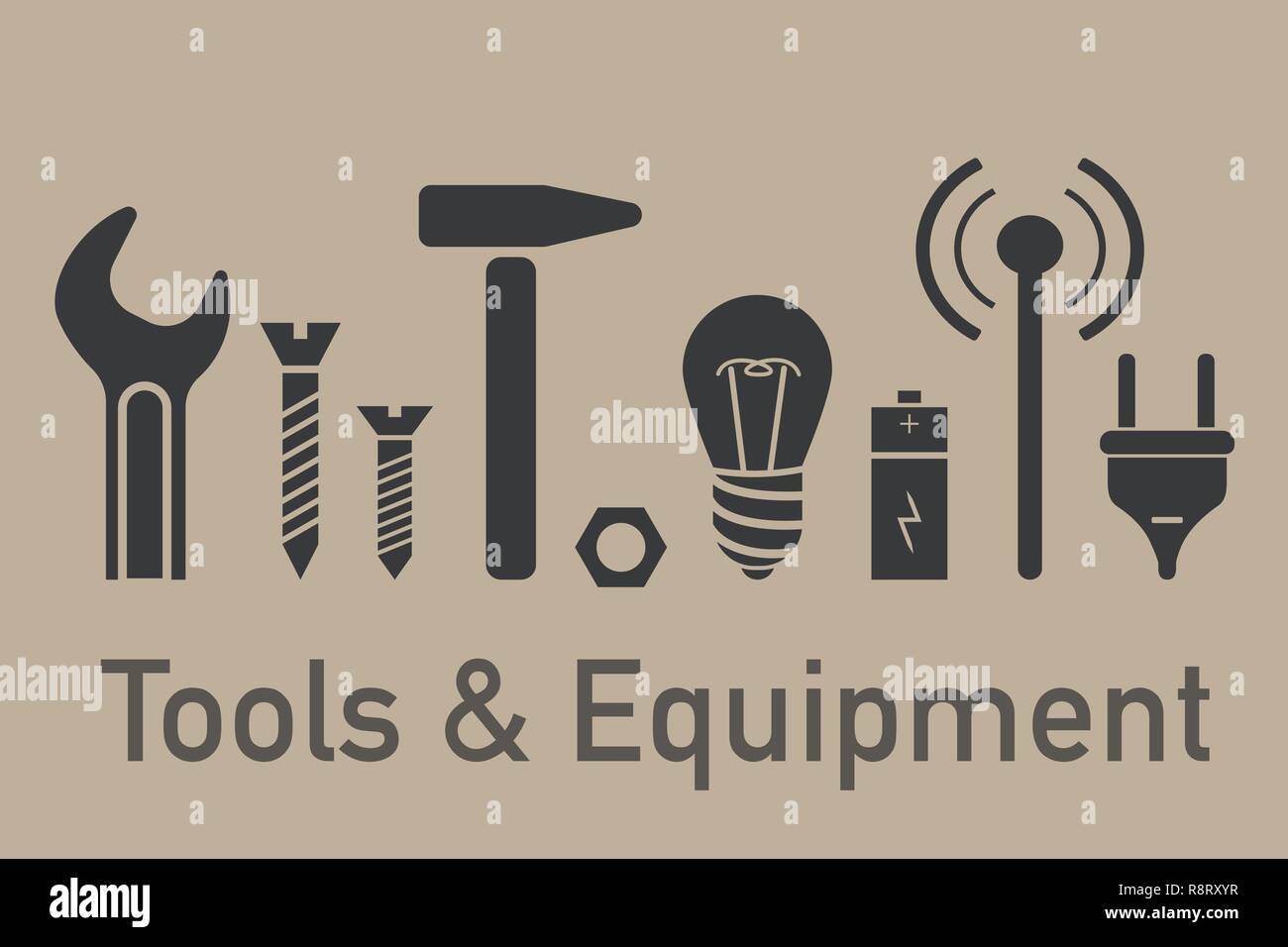 Einfache graue Symbole. Werkzeuge und Ausrüstung Elemente im minimalistischen Stil Stock Vektor