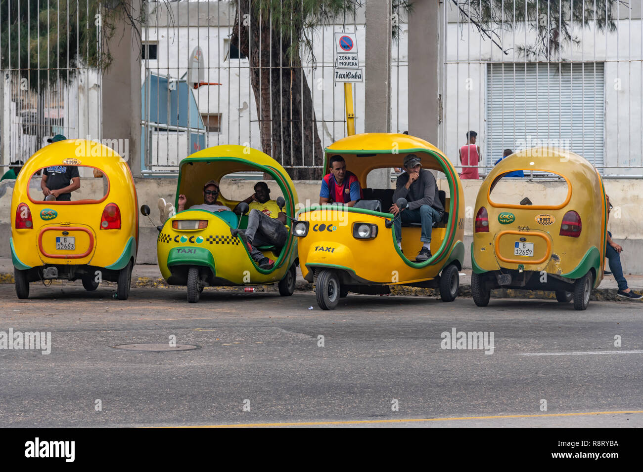 Kubanische Coco Taxifahrer eine Pause vor der Suche mehr Passagiere in ihrer unverwechselbaren gelben Taxis. Havanna Kuba Stockfoto