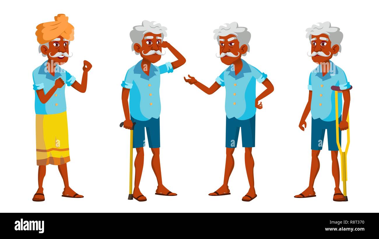 Indische alte Mann wirft ein Vektor. Ältere Menschen. Ältere Person. Im Alter. Freundlich Großeltern. Hindu. Asiatische. Banner, Flyer, Broschüre Design. Isolierte Cartoon Illustration Stock Vektor