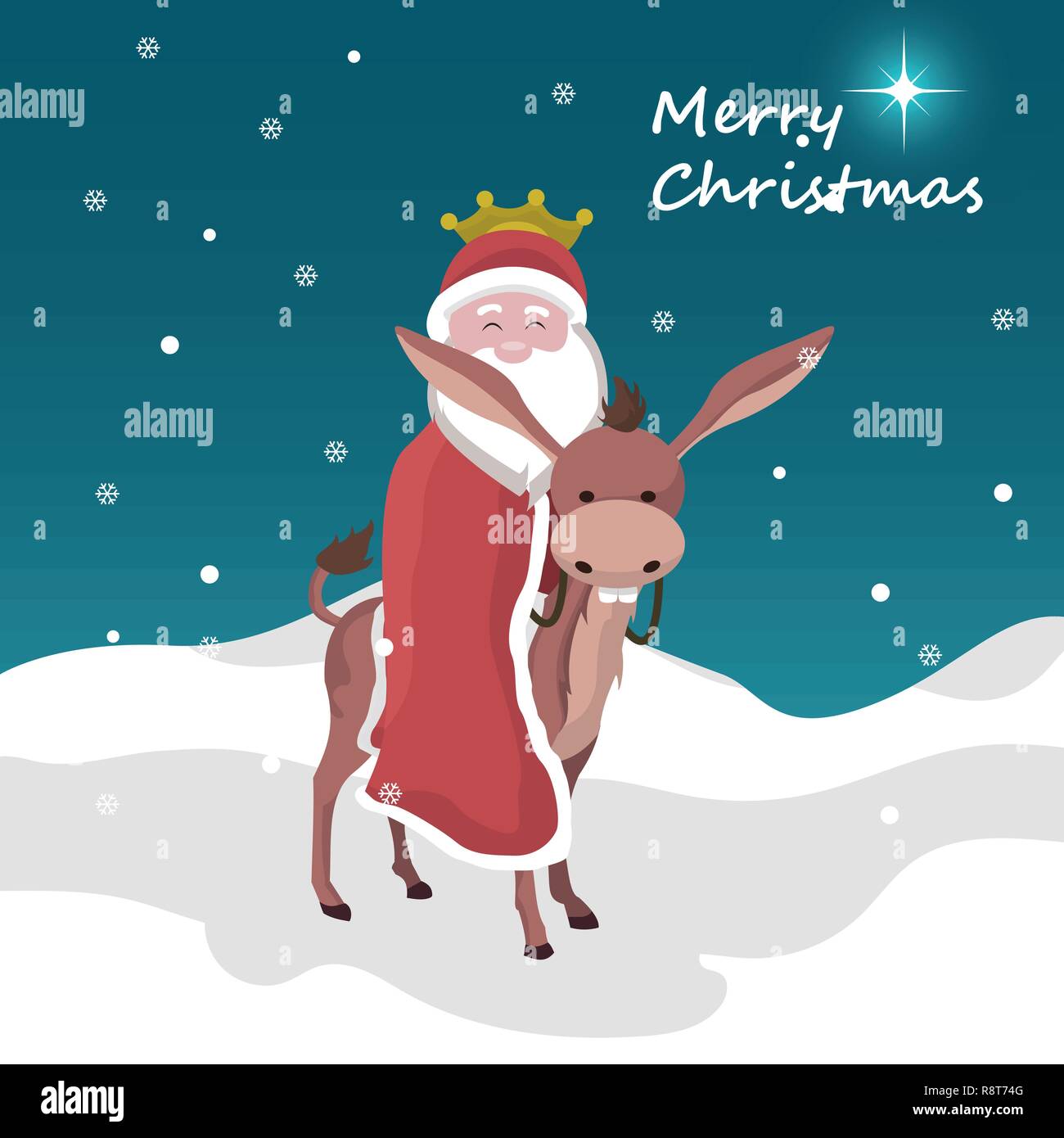 Weihnachtskarte der Weihnachtsmann von König Magier auf einem Esel montiert Stock Vektor