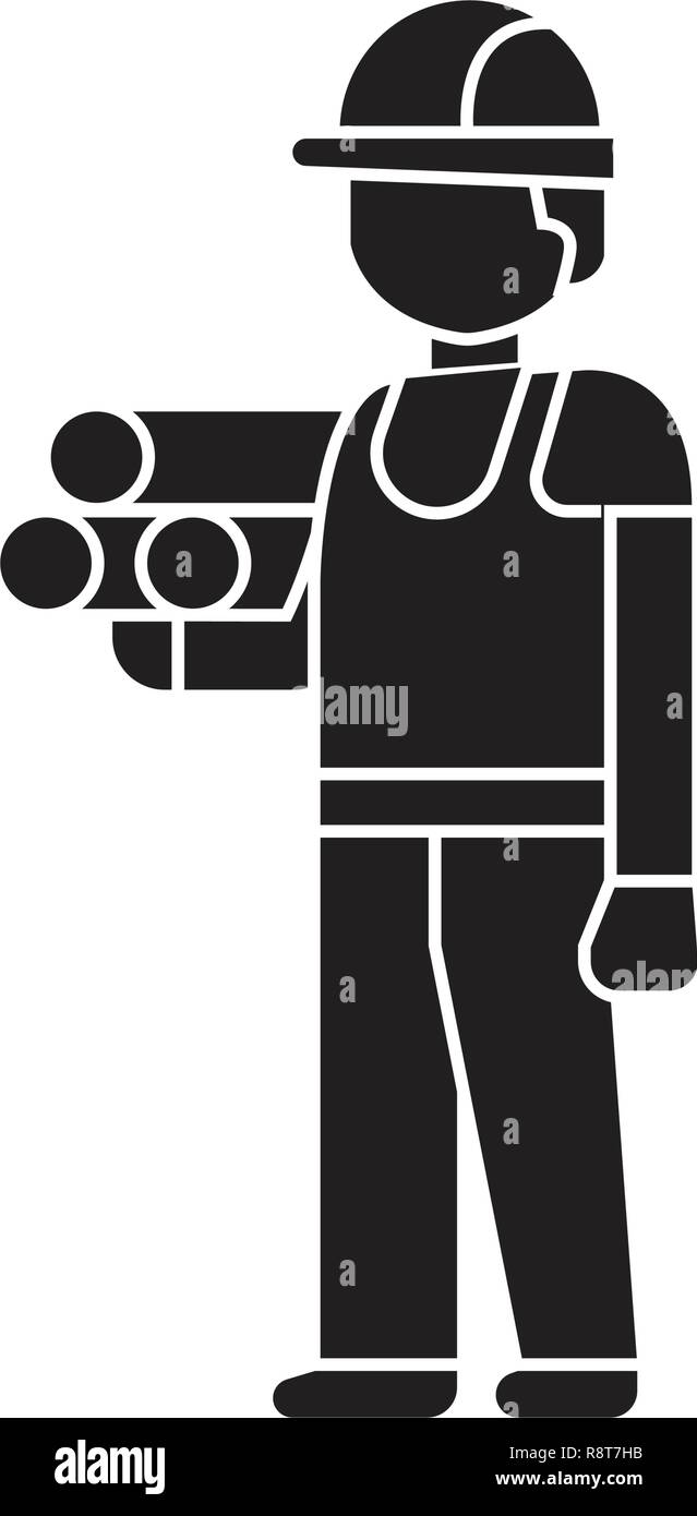 Ingenieur mit Pläne schwarz Vektor Konzept Symbol. Ingenieur mit Pläne flachbild Illustration, Zeichen Stock Vektor