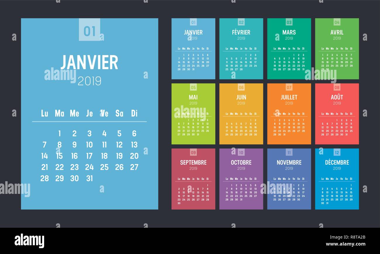 2019 bunte minimalistischen Kalender, in französischer Sprache, auf schwarzem Hintergrund. Woche beginnt am Montag. Vektor Vorlage. Stock Vektor