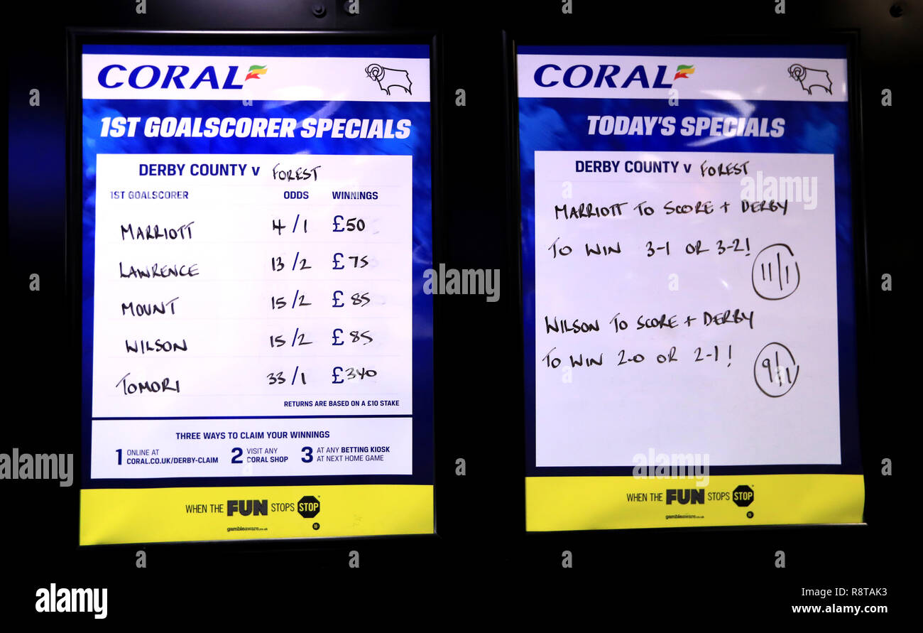 Einen allgemeinen Überblick über das Coral Match Wetten vor dem Sky Bet Championship Match im Pride Park, Derby. Stockfoto
