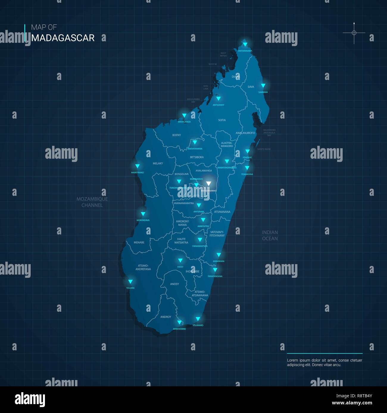 Vektor Madagaskar Karte Abbildung mit blauen Neon lightpoints-Dreieck auf dunkelblauem Hintergrund Farbverlauf. Administrative Divisions Stock Vektor