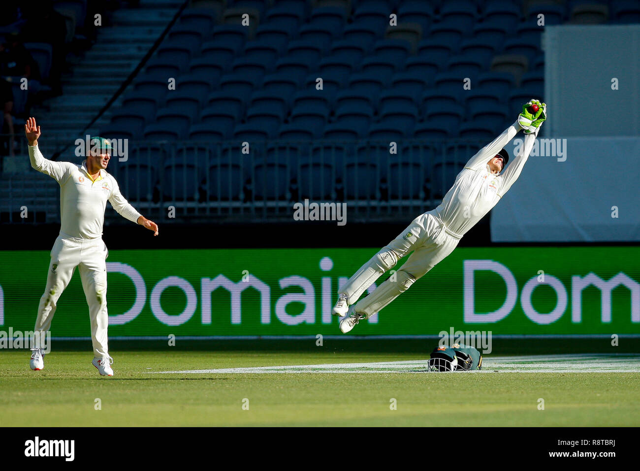 Optus Stadion, Perth, Australien. 17 Dez, 2018. Internationalen Test Series Cricket, Australien im Vergleich zu Indien, zweiter Test, Tag 4; Tim Paine von Australien Tauchgänge byes während der Indischen zweiten Innings Kredit zu sparen: Aktion plus Sport/Alamy leben Nachrichten Stockfoto