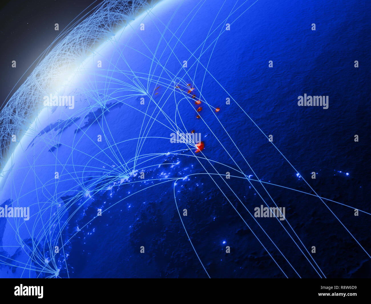 Karibik auf dem Modell der Grüne Planet Erde mit internationalen Netzwerken. Konzept der Blue digitale Kommunikation und Technologie. 3D-Darstellung. Elemente Stockfoto