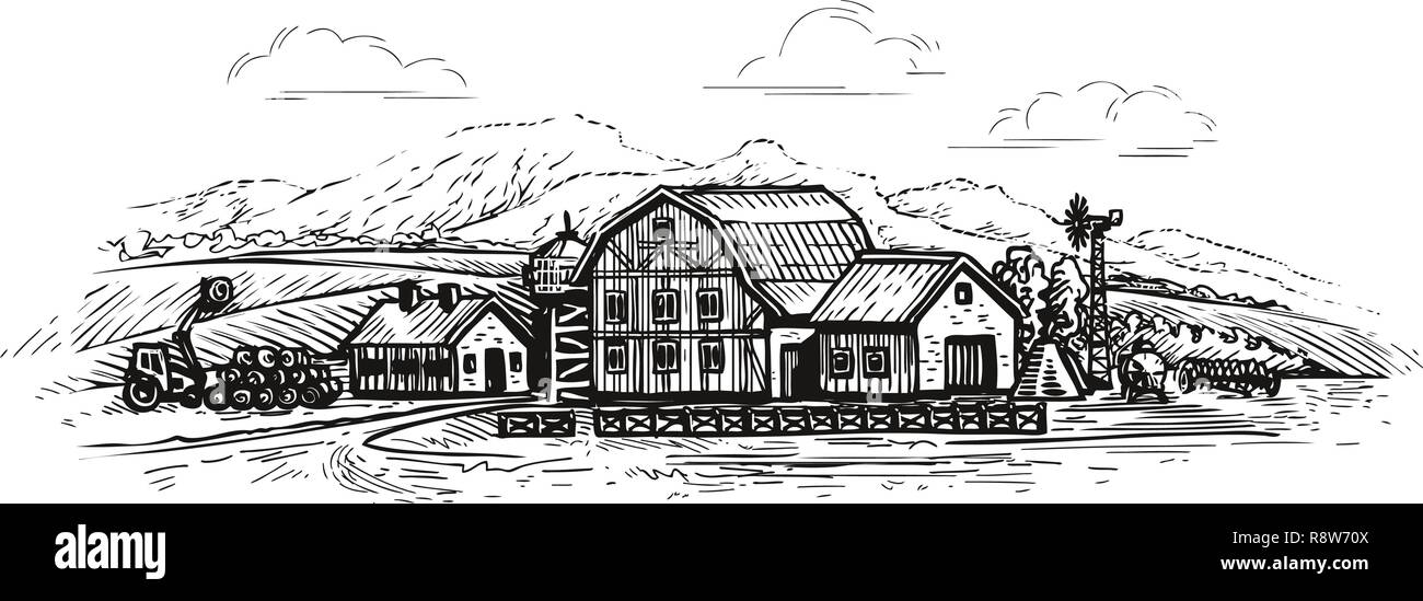 Bauernhof Landschaft, Dorf Skizze. Landwirtschaft, Landwirtschaft, gezeichnet vintage Vector Illustration Stock Vektor
