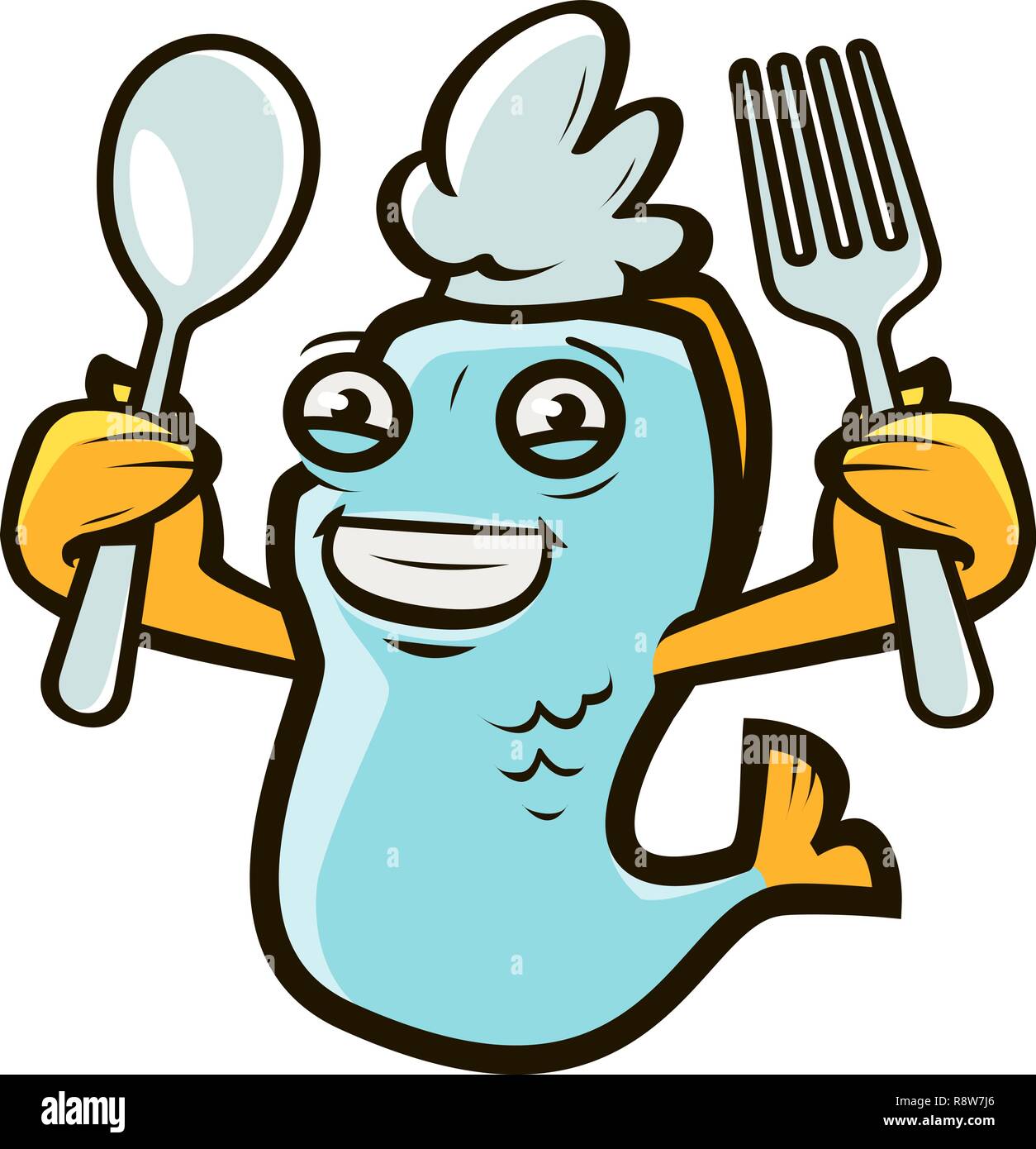 Happy Fisch mit Löffel und Gabel. Meeresfrüchte Etikett oder Logo. Cartoon Vector Illustration Stock Vektor