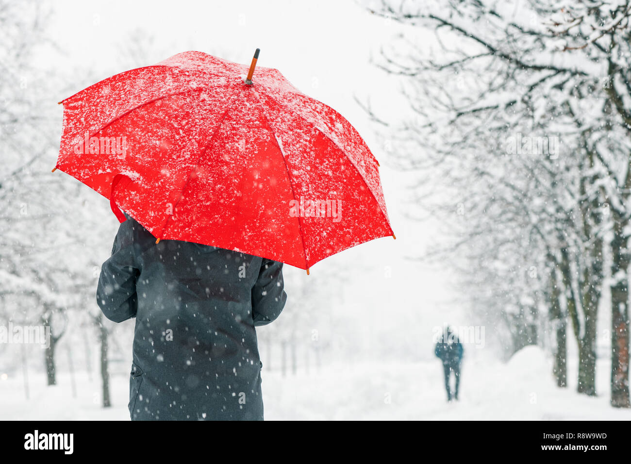 Frau mit roten Regenschirm im Schnee und Genießen der erste Schnee der  Wintersaison Stockfotografie - Alamy