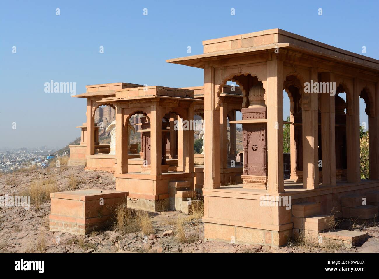 Cenotophs der königlichen Herrscher von Jodhpur Marwar Könige Jaswant Thada Rajashan Indien Stockfoto