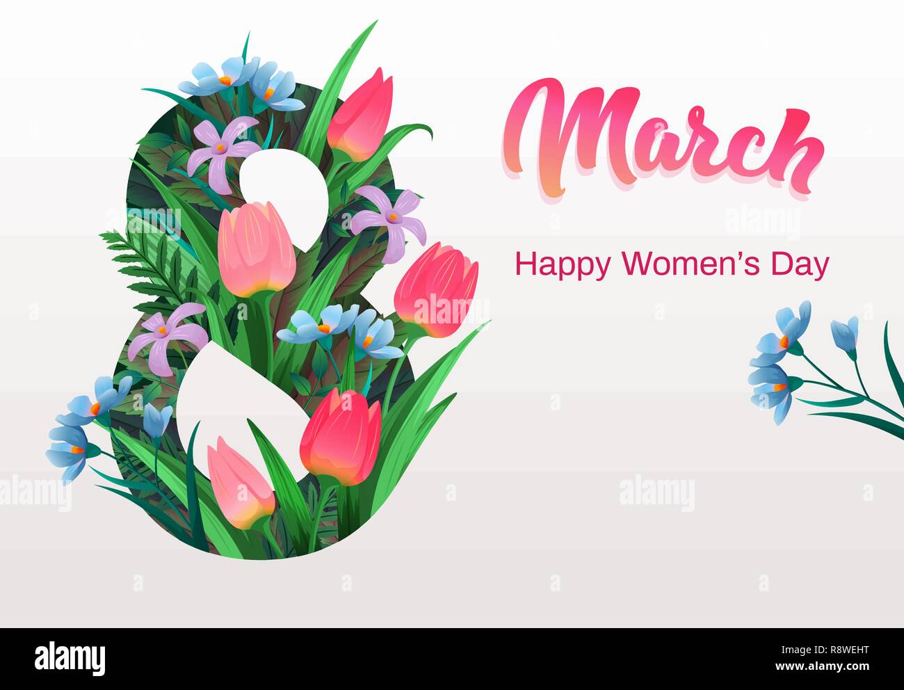 Einen glücklichen Tag der Frau, Flyer, herzlichen Glückwunsch Karte 8. März mit Blumen Stock Vektor